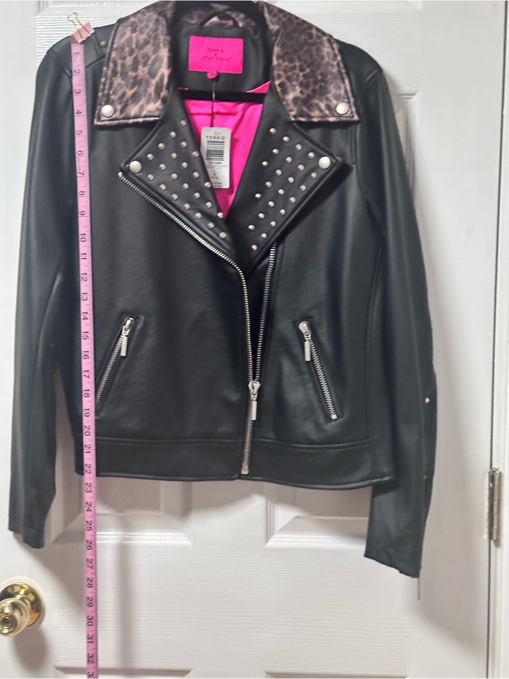 Torrid Betsy Johnson Black Faux Leather Studded Moto Jacket with Leopard Collar